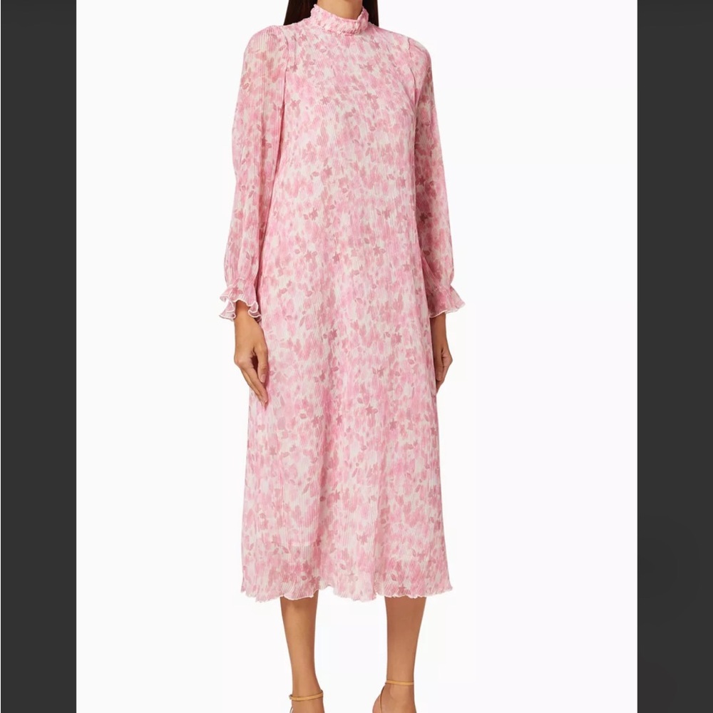 Ganni Pleated Georgette Mock-Neck Midi Dress in pink/lilac